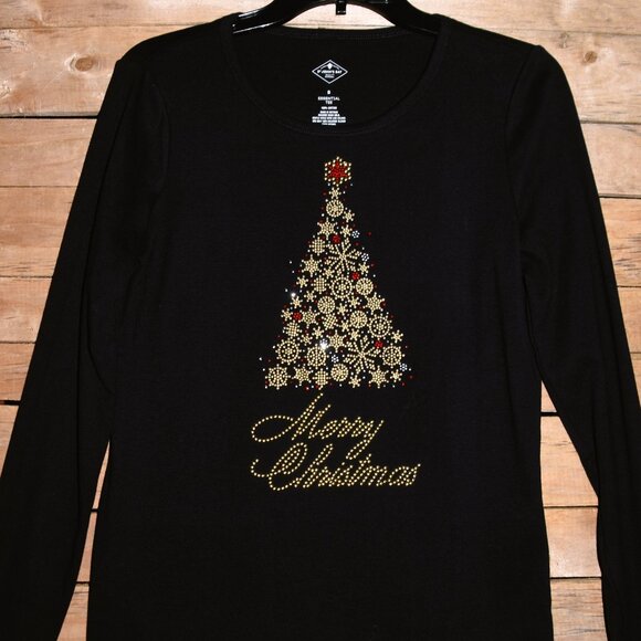 Christmas Tree Gold rhinestone long sleeved shirt XS S M L XL XXL 1X 2X 3X 4X 5X - Picture 2 of 9